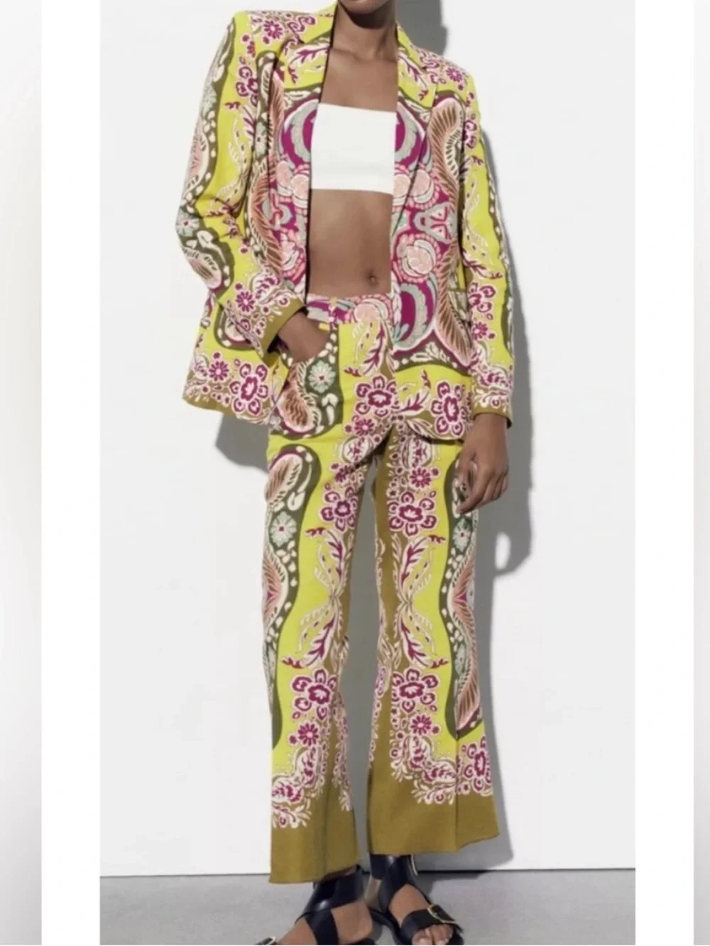 ZARA SET Bright Yellow Army Green Pink Linen Cotton Blend Blazer & Cropped Pants